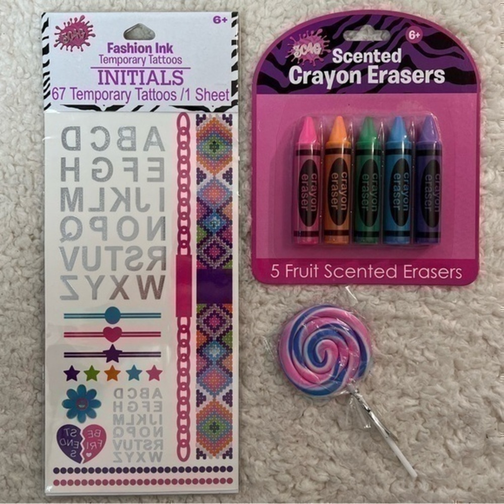 3C4G Scented Crayon Pkg, Lollipop Eraser, Temporary Tattoos Bundle